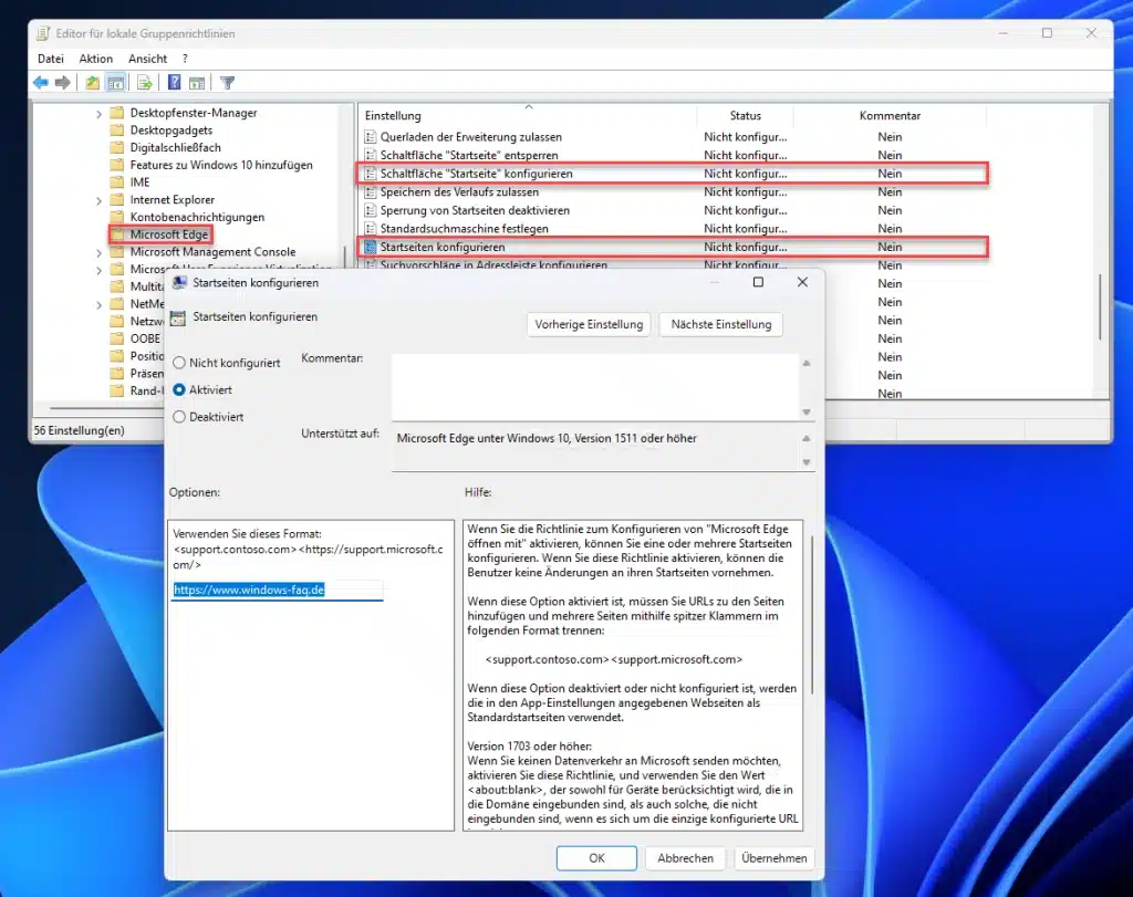 Edge Startseiten konfigurieren