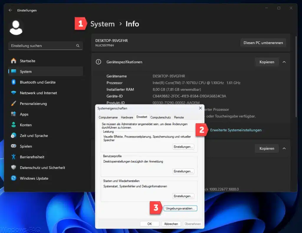 Windows Erweiterte Systemeinstellungen Umgebungsvariablen