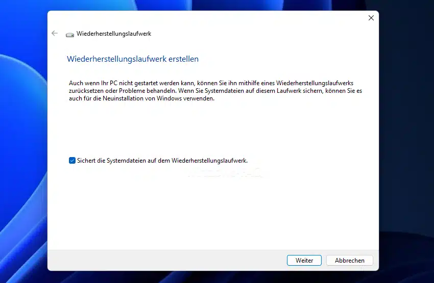 Windows Wiederherstellungslaufwerk erstellen und Systemdateien sichern