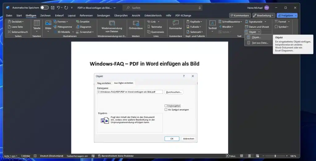 Word Einfügen Objekt PDF
