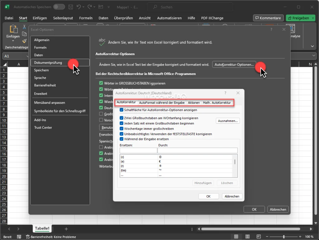 Autokorrektur ausschalten Excel