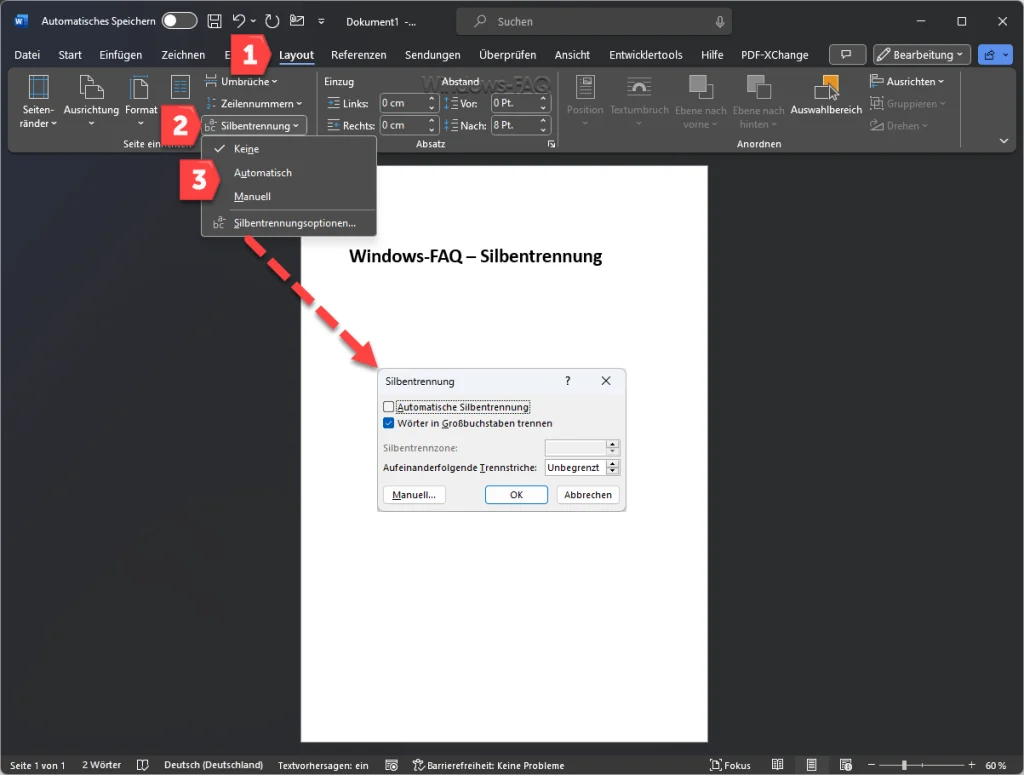 Word Silbentrennung und Silbentrennungsoptionen