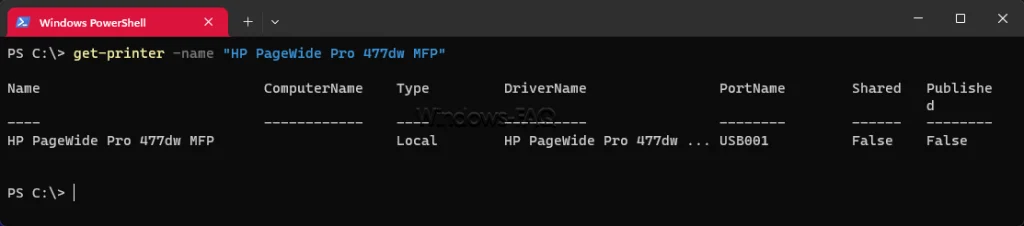 get-printer Druckername