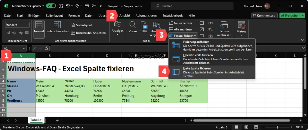 Excel Erste Spalte fixierien