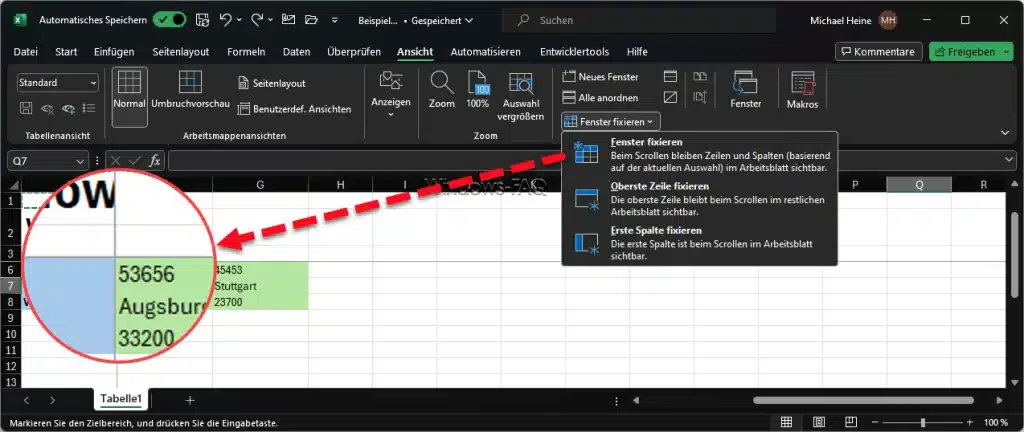 Excel Fenster fixieren