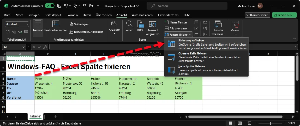 Excel Fixierung aufheben