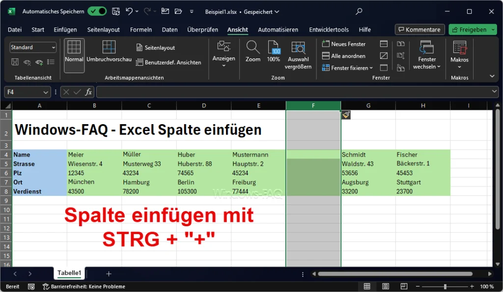 Excel Spalte einfügen mit STRG +