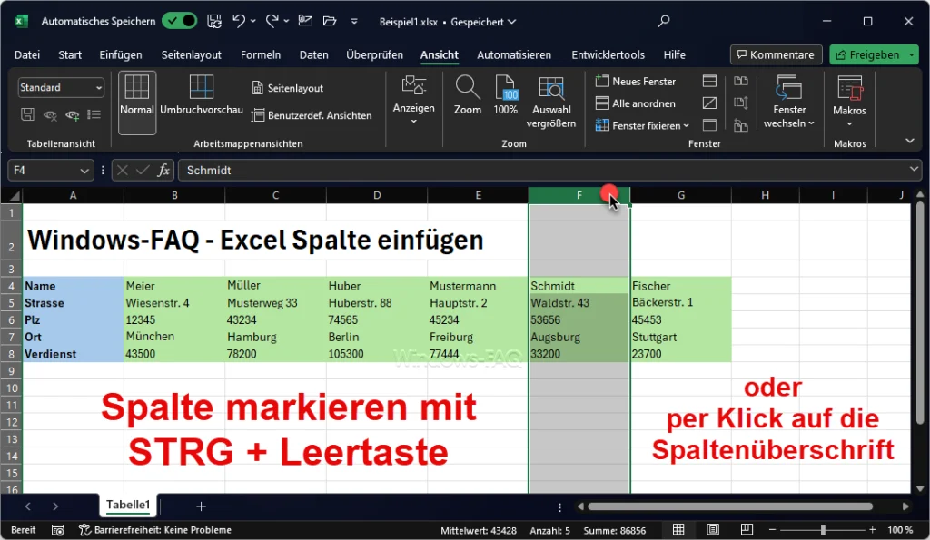 Excel Spalte markieren