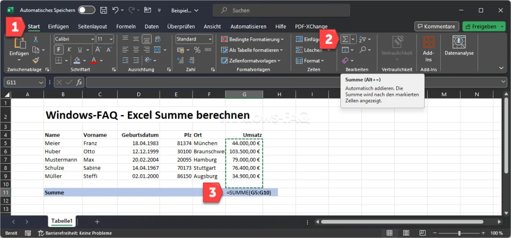 Excel Summe erzeugen