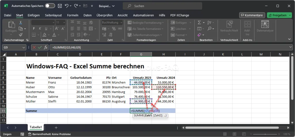 Excel Summe erzeugen aus verschiedenen Zeilen und Spalten