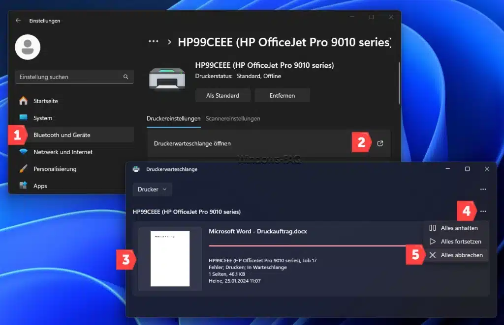 Windows Druckwarteschlange Druck abbrechen