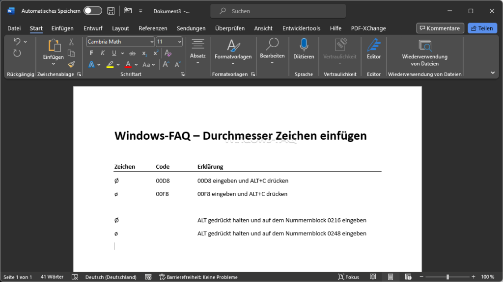 Durchmesser Zeichen im Word, Excel oder PowerPoint erzeugen