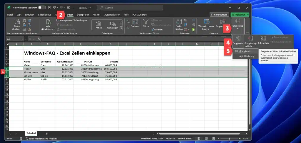 Excel Zeilen markieren und Gruppieren