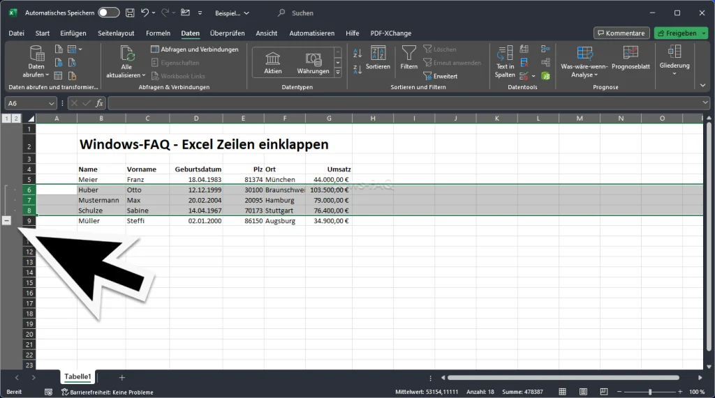 Excel Zeilen über Minus einklappen
