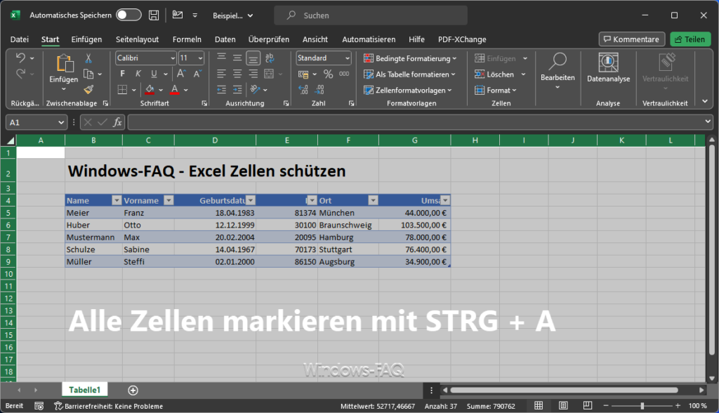 Excel Zellen schützen - Alle Zellen markieren mit STRG + A