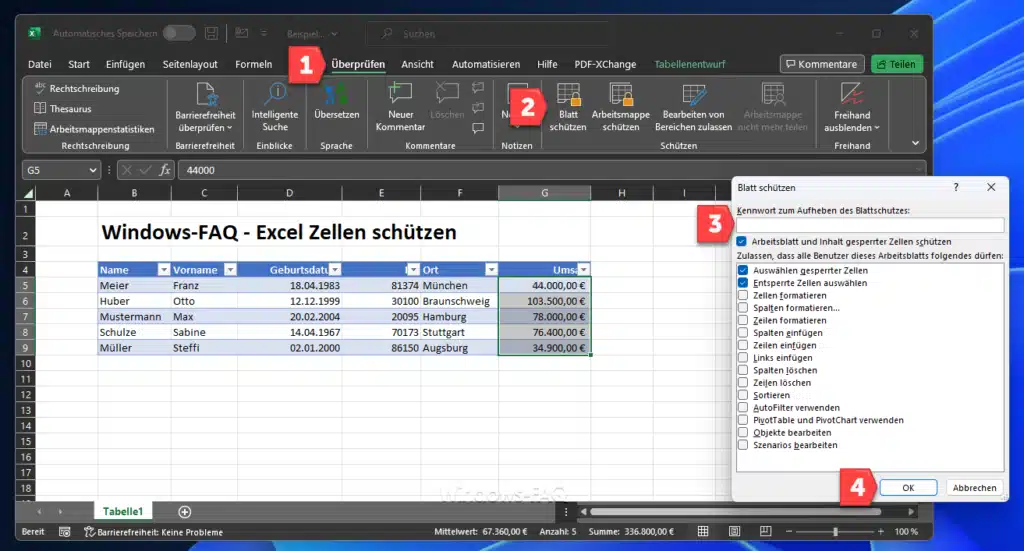 Excel Zellen schützen - Blatt schützen