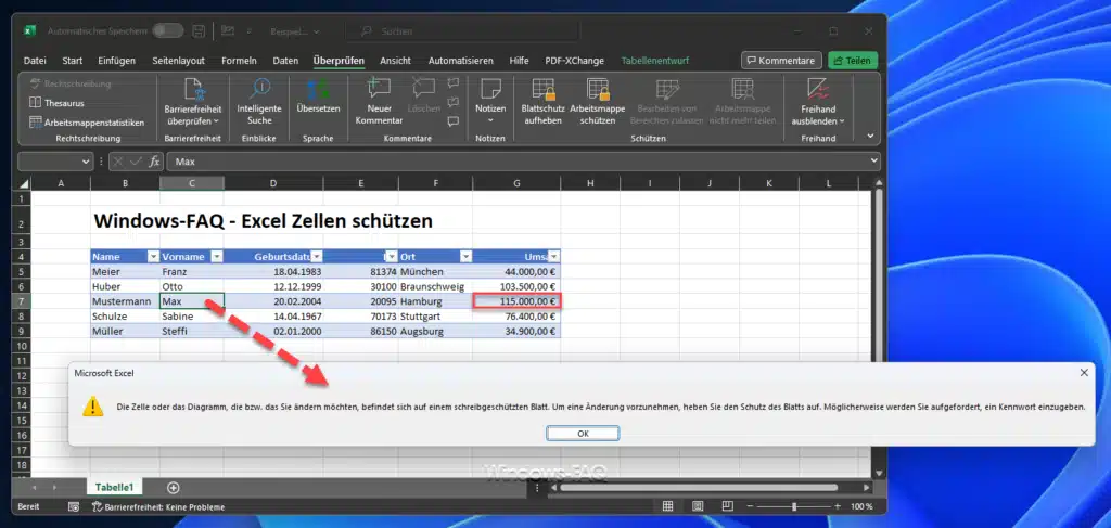 Excel Zellen schützen - Geänderte Zelle und Meld schreibgeschütztes Blatt