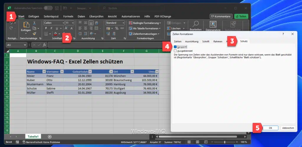 Excel Zellen schützen - Schutz Gesperrt