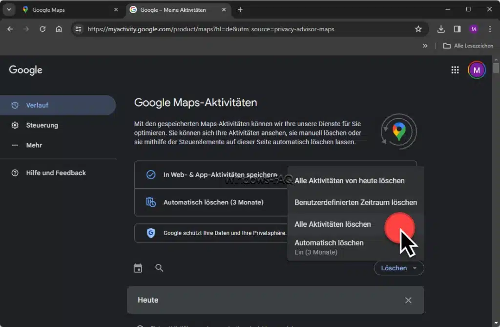 Google Maps Aktivitäten löschen