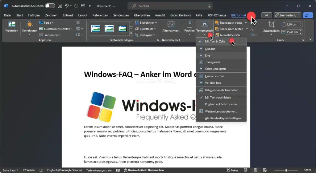 Word Anker entfernen mit Text in Zeile