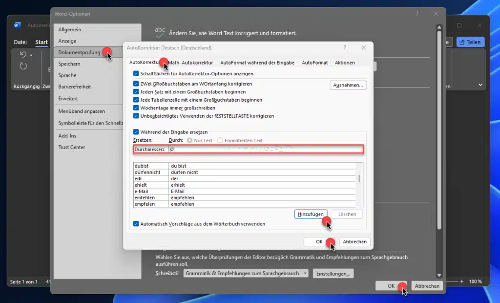 Word Durchmesserzeichen Autokorrektur