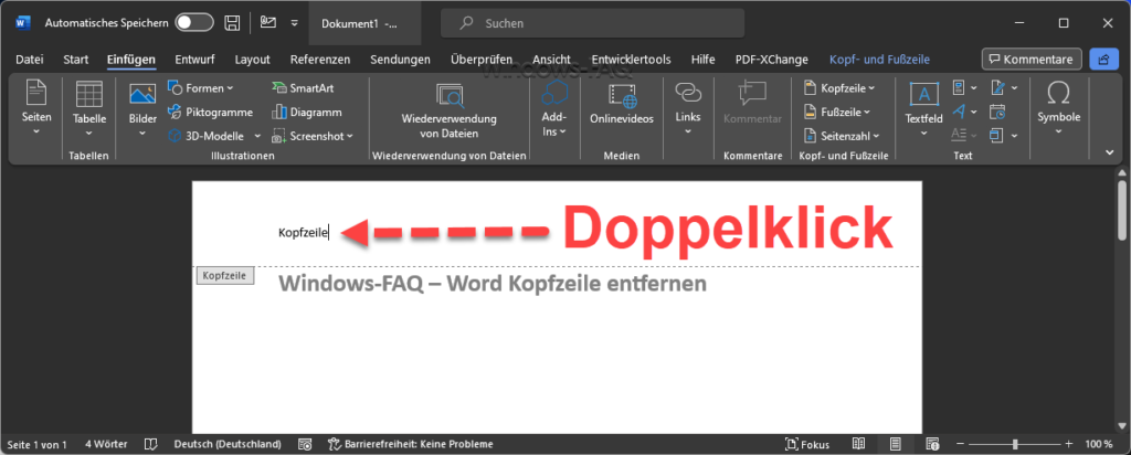 Word Kopfzeile Doppelklick