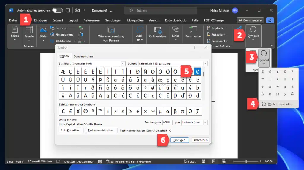 Word Sonderzeichen Durchmesser