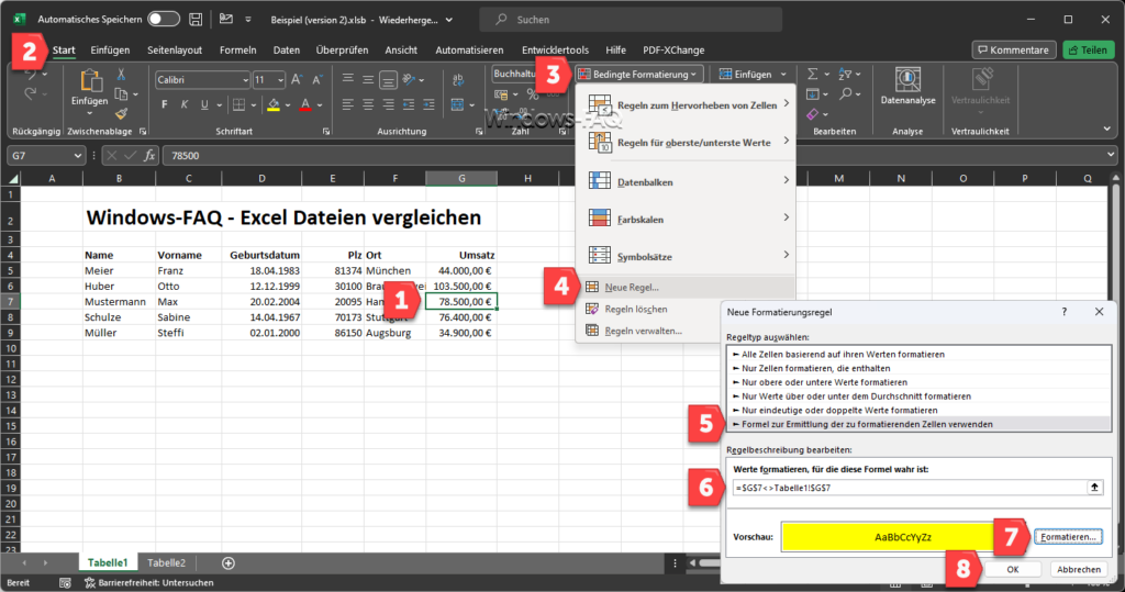 Excel Dateien vergleichen Bedingte Formatierung
