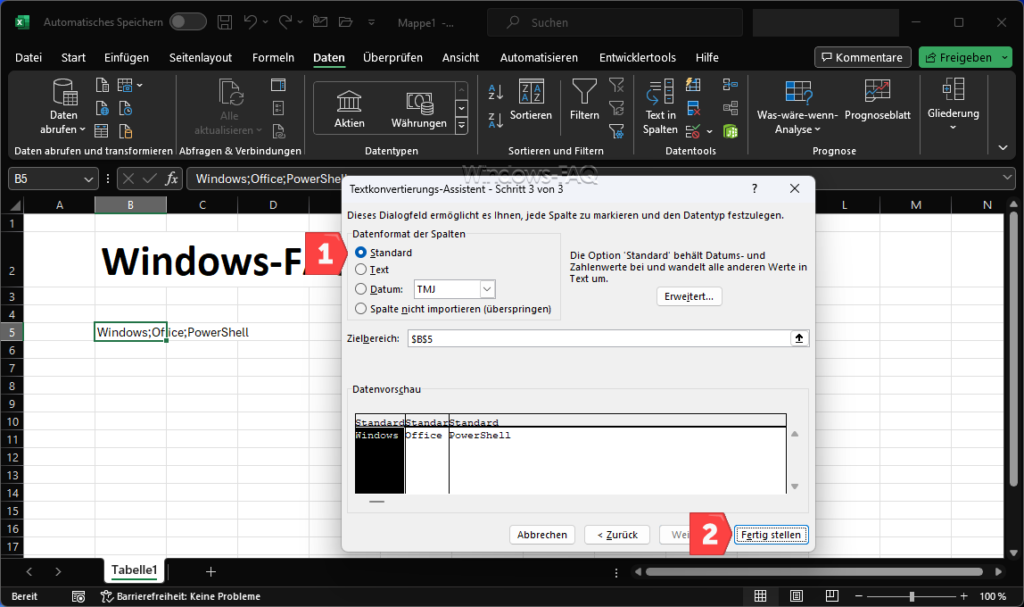 Excel Datenformat der getrennten Spalten