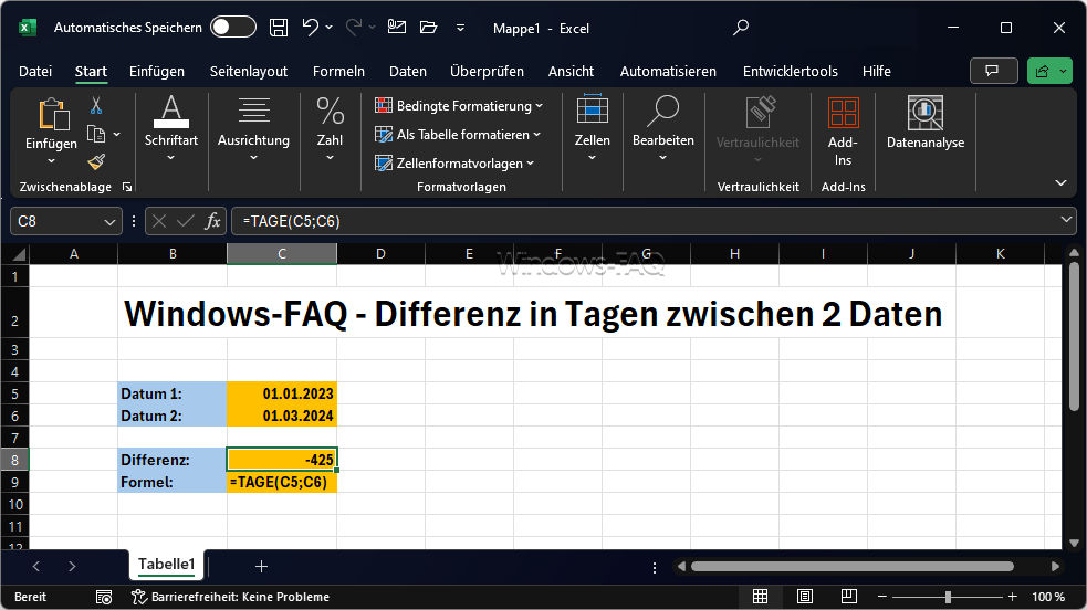 Excel Differenz in Tagen zwischen 2 Daten