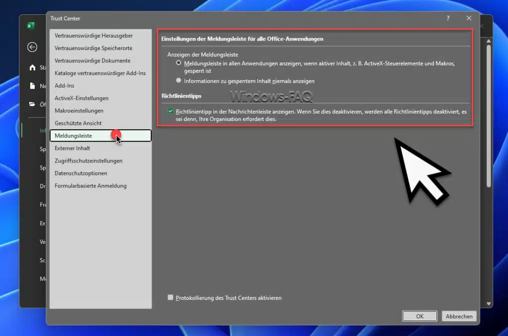 Excel Meldungsleiste Optionen
