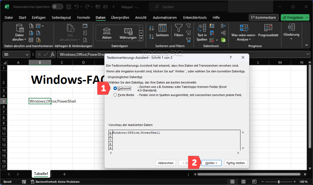 Excel Text getrennt
