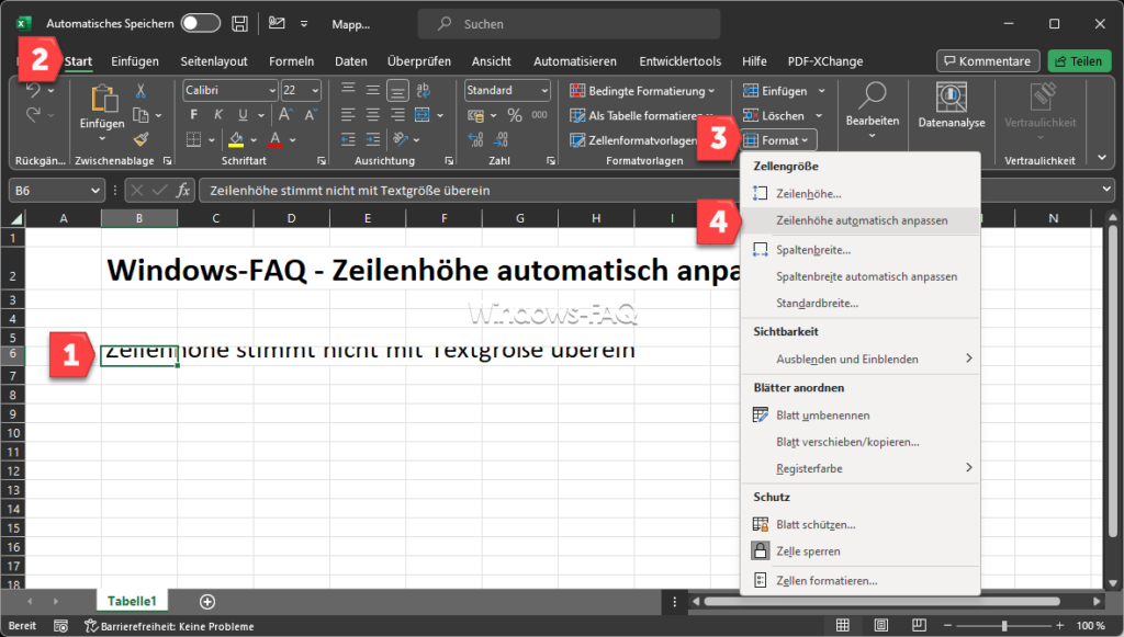 Excel Zeilehöhe automatisch anpassen Menü
