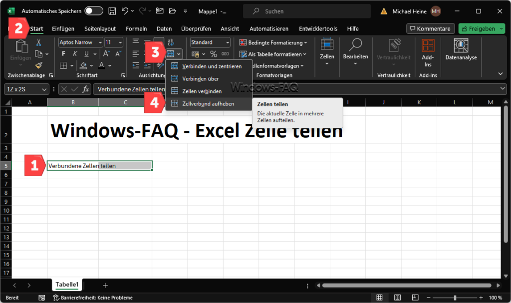 Excel Zellen teilen Zellverbund aufheben