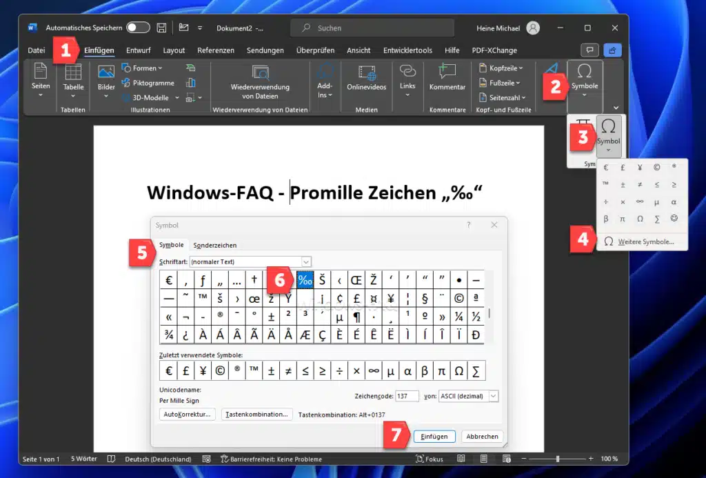 Promille Zeichen Word Excel PowerPoint Symbol