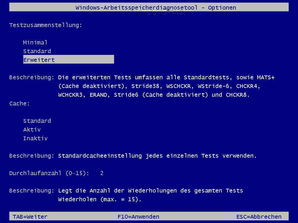 Windows-Arbeitsspeicherdiagnosetool Optionen