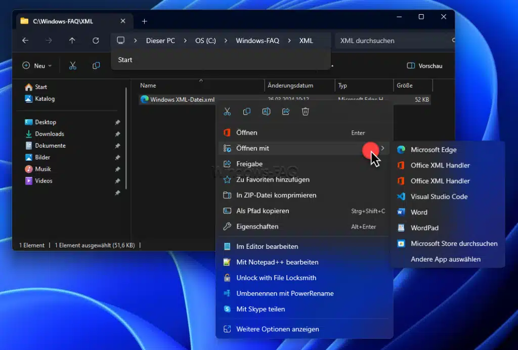 Windows Explorer XML Datei öffnen mit