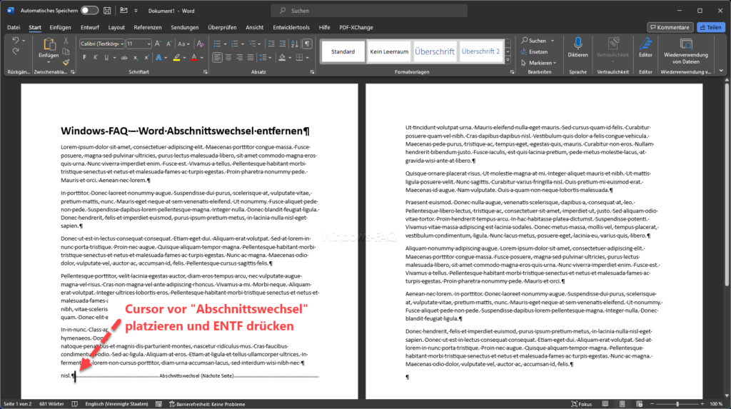 Cursor vor Abschnittswechsel platzieren und ENTF drücken