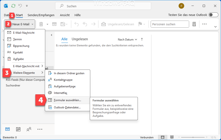 Outlook Formular auswählen