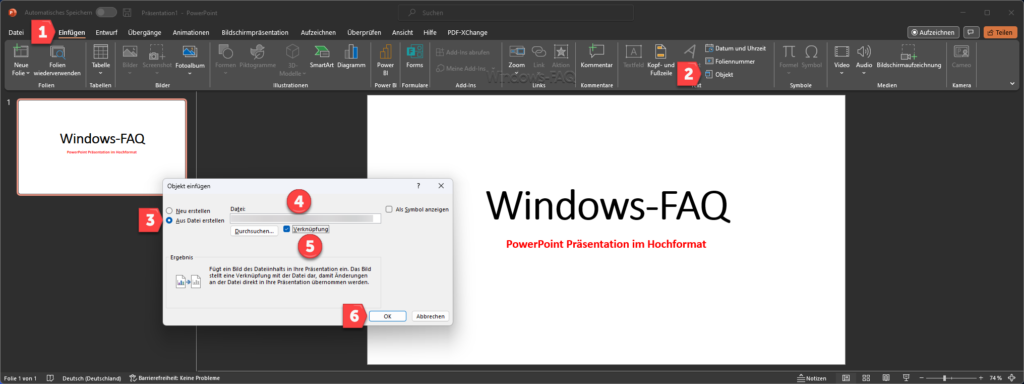 PowerPoint Objekt einfügen im Hochformat