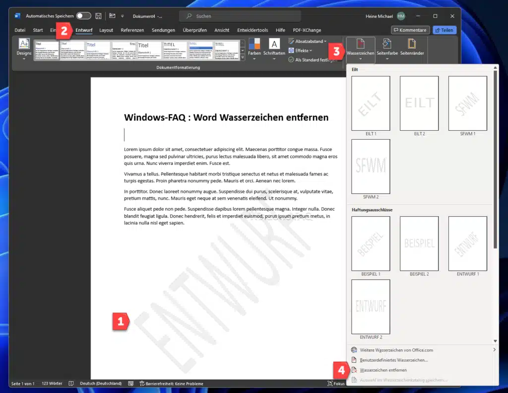 Word Wasserzeichen entfernen Anleitung