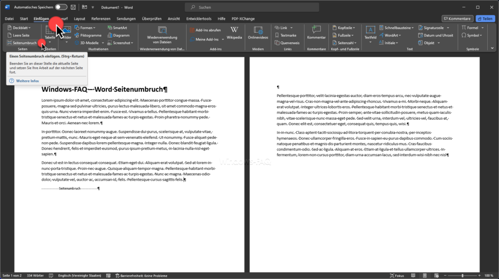 Word einen Seitenumbruch einfügen STRG + RETURN