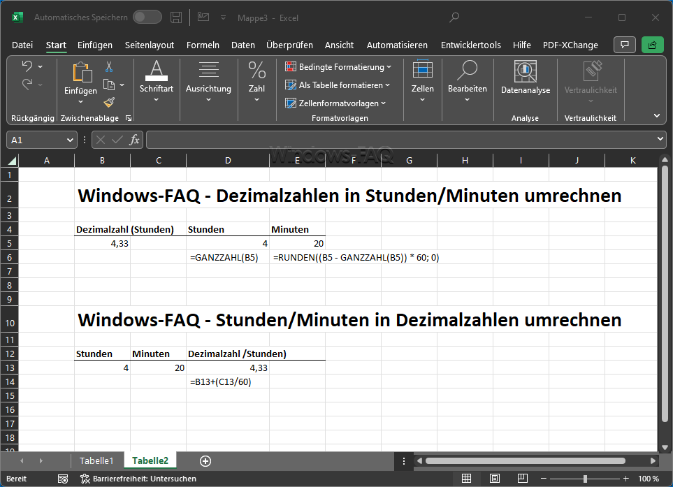 Umrechnung Stunden Minuten in Dezimal und umgekehrt