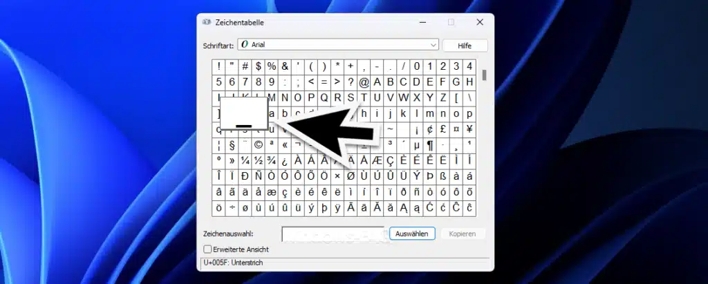 Windows Zeichentabelle Unterstrich