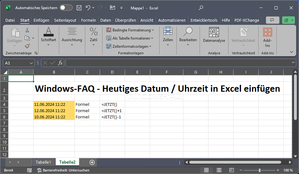 Heutiges Datum und Uhrzeit in Excel einfügen