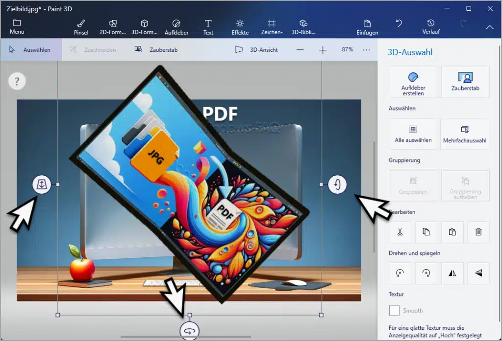 Paint 3D freigestellten Bereich drehen