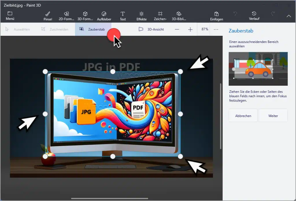 Paint3D Bild freistellen und Bereich markieren