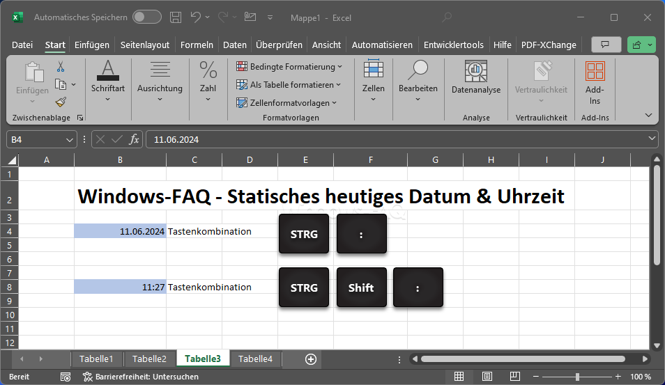 Statisches heutiges Datum und Uhrzeit in Excel einfügen