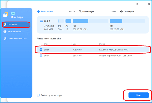 EaseUS Disk Copy Disk Mode