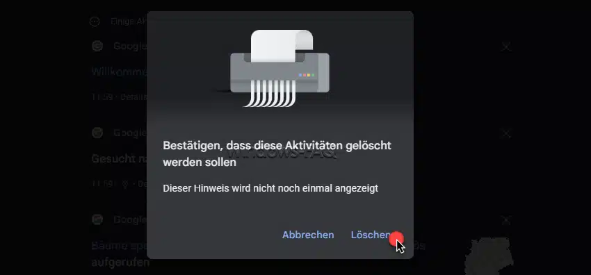 Suchanfragen löschen einzelne Aktivität löschen